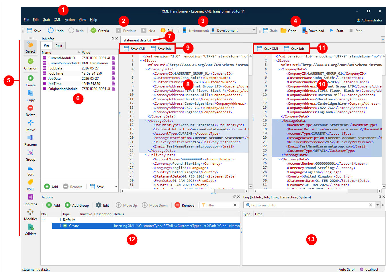 A number annotated screenshot of the XML Transformer window.